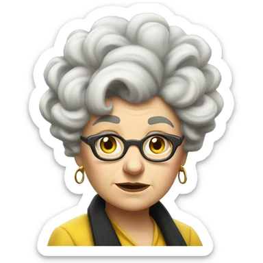 one old, curvy woman, white face, hufflepuff, grey and curly and wild hair, madame sprout, not amused,  sticker