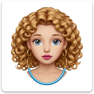 girl with light brown honey wavy hair (subtle side part and 2b curls). blue eyes. one golden nostril piercing (hoop). 6 golden hoop earrings. one golden hoop helix piercing. pink big lips.  sticker