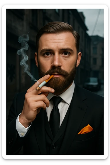 Make the emoji of a character with beard, cigarette, elegant suit, urban background, Albanian mafia style, more realistic with detailed realism. sticker