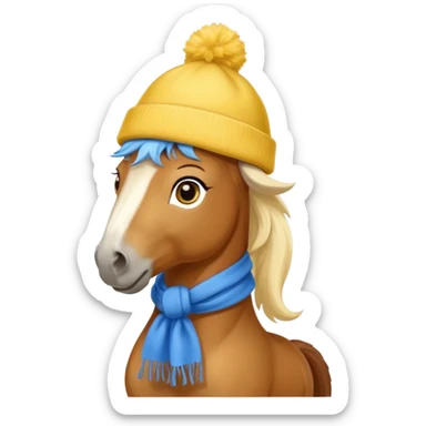 a fabulous funny winter horse in a yellow hat with a blue scarf sticker