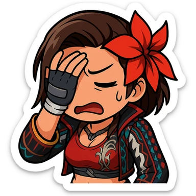 Azucena from Tekken 8 in chibi sticker style with facepalm and exasperated expression, standard Twitch emote, wearing her detailed red and patterned outfit as shown in the reference images. sticker