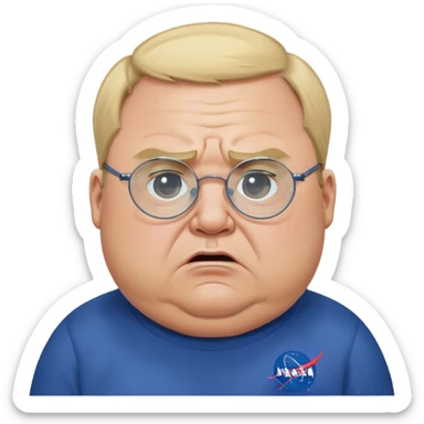 angry fat man, crying like a kid,  blond short and hight receding hairline, wearing a dark blue sweatshirt, nasa logo on the sweatshirt, round glasses without frame, 40 years old sticker