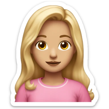 a girl with a middle part and dirty blonde hair and hazel eyes with a pretty pink shirt sticker