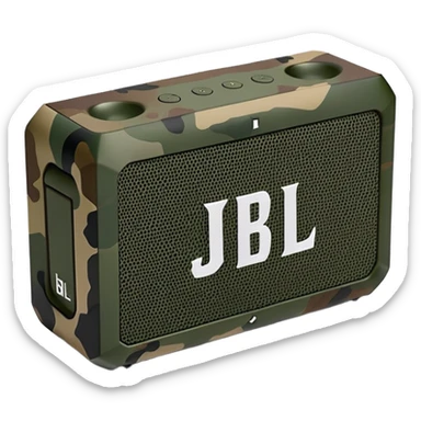 Minimalist JBL Go 4 portable speaker with military camouflage pattern, simple clean design, rectangular shape, subtle JBL logo sticker