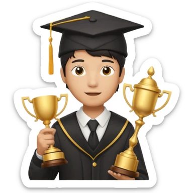 An asian man wearing student hat, holding a trophey sticker