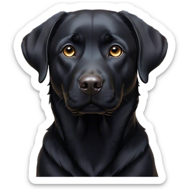 Cinematic Noble Black Labrador Portrait Emoji, Poised and regal, with a robust, muscular build and a sleek, shiny pure black Fur, deep-set soulful brown eyes, Simplified yet sharp and sophisticated features, highly detailed, glowing with a soft, dignified glow, high shine, intelligent and gentle, stylized with an air of confidence, focused and attentive, soft glowing outline, capturing the essence of a watchful and loving companion, so majestic it feels as though it could bound out of the screen with effortless authority! sticker