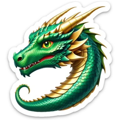 cinematic-noble-dragon-portrait-emoji,-poised-and-majestic,-with-a-sinuous,-elongated-build-and-shimmering,-scale-covered-skin-in-hues-of-emerald-and-gold,-piercing,-fiery-eyes,-simplified-yet-sharp-and-sophisticated-features,-highly-detailed sticker