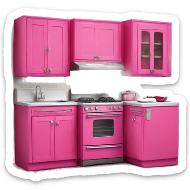 Isolated full length Realistic hot pink vintage retro kitchen range with cabinets and counters sticker