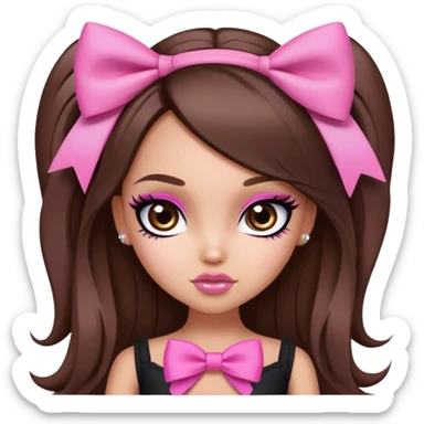 pretty bratz baddie, pink bow long hair brunette baddie with eyeliner and brown eyes sticker