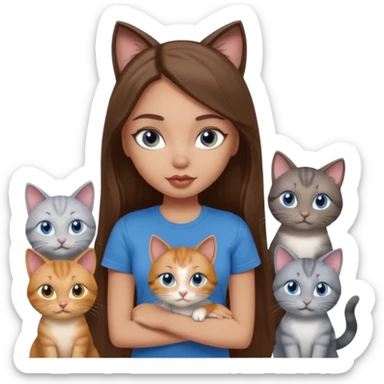 a pretty bratz dusky light skin girl with long brown hair, blue eyes with six cats nd wearing a grey tshirt sticker