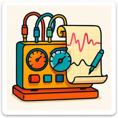 cartoon style polygraph machine, bright colors, exaggerated features, on a white background sticker