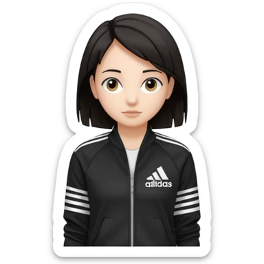 A girl with  medium length, dark hair, fair skin. The style is a soft, layered cut that falls around her shoulders. wore black Adidas track jacket with white stripes on the sleeves. It has a full zipper down the front, a stand-up collar, and the Adidas logo on the right chest emoji sticker