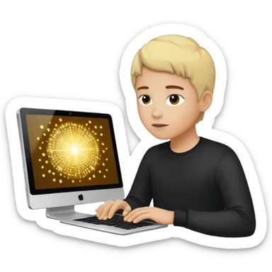 sujeto en su computadora con particulas de dinero alrededor sticker