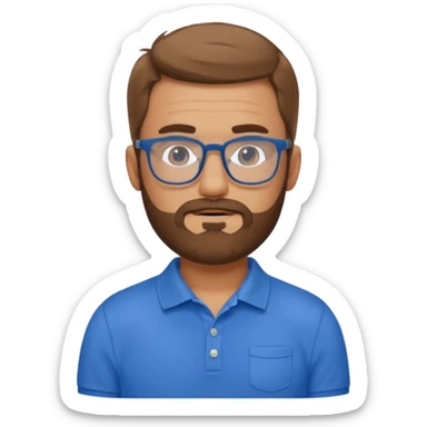 A tanned bearded man wearing glasses and a blue polo sticker