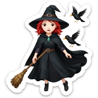 witch with red hair flying , on the background - full moon and black birds, должна лететь на метле sticker