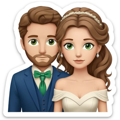 A bride and groom. Bride has brown hair with soft curls, has green eyes, wears an off shoulder dress. Groom has blond hair, has blue eyes, wears a brown suit with a brown vest and a bolo tie. sticker