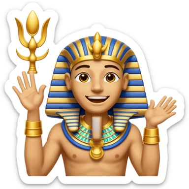 Discord emoji for "RA Silkroad", Ancient Egyptian theme, funny Pharaoh clapping hands laughing, cartoonish, colorful, shiny gold, small and clear.
 sticker