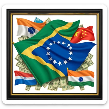 money flowing from emerging finance and energy industries. showing flags about Brazil, India, China, Russia, and the Gulf States sticker