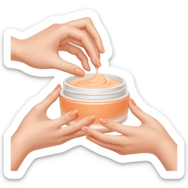 Minimal emoji of hands gently applying skincare cream, soft nude and peach tones, clean beauty aesthetic, calm and elegant, subtle glow sticker