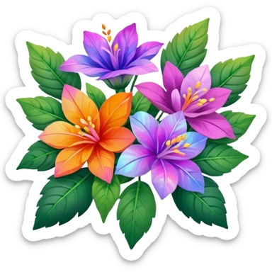 bouquet. resolution of 5000x5800 pixels. transparent background. design should emphasize clean, thin, smooth lines to enhance the visual appeal. Bouquet of lush mixed flowers should be depicted in purple, pink, orange iridescent, holographic, hues. Surround the flowers with realistic leaves, 8k sticker