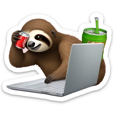 tired sloth with coca cola can and laptop sticker