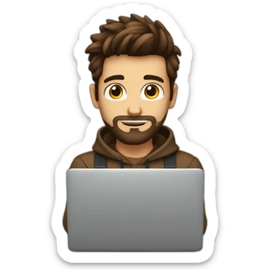 No glasses Cute programmer on his laptop looking front with a brown quiff as a hair and brown eyed with a bit of a beard sticker