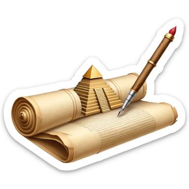 An icon showing a rolled parchment scroll, a quill pen, and ancient landmarks like pyramids and columns in the background. The design symbolizes the study of past civilizations, events, and heritage. Transparent background emphasizes the timeless exploration of human history. sticker