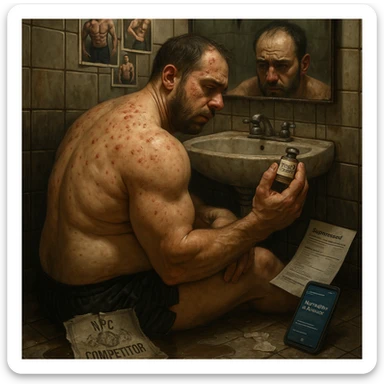 A 35-year-old bodybuilder sits shirtless on a bathroom floor, clutching an empty vial labeled "Test E 250mg". His physique shows the paradox of PED abuse: bloated stomach (high estrogen), but zero exceptional muscle gains.  

Hyper-detailed elements:  
- **Needle marks** (track lines) on glutes with fresh bruising  
- **Acne clusters** on shoulders (CYP-induced)  
- **Lab papers** showing crashed LH/FSH (HPTA suppression)  
- **Phone screen** glowing with forum posts: "No risultati in 8 weeks"  

The mirror reflects his exhausted face (dark circles, receding hairline) contrasting with gym selfies on the wall showing his younger natural self. A torn "NPC Competitor" certificate floats in dirty water.  sticker