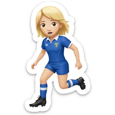 chica rubia con cara de miedo vestida con equipación de rugby con unas botas inflables sticker