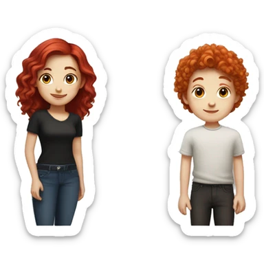 "A fair-skinned girl with vibrant red hair and a fair-skinned boy with jet-black hair. Both have distinct, striking features that highlight their white complexion and contrasting hair colors." sticker