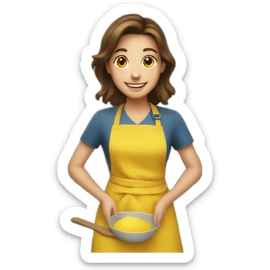 girl with brown hair, smiling, in a yellow apron sticker