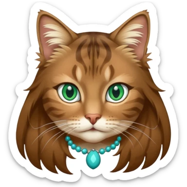 Long-haired brown tabby with big Green eyes, almost a turquoise, a white patch on her chin and a large white patch on her chest she is very very sweet and she generally isn't afraid of people I don't know how how she responds to being outside sticker
