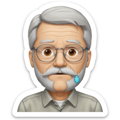old man with long hair and beard wearing glasses with shirt sticker