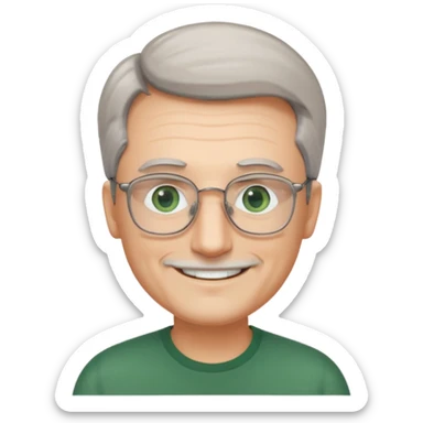 Man with receding hair, grey hair only on the sides, green eyes, rectangular reading glasses, rounded clear face, with a smile sticker