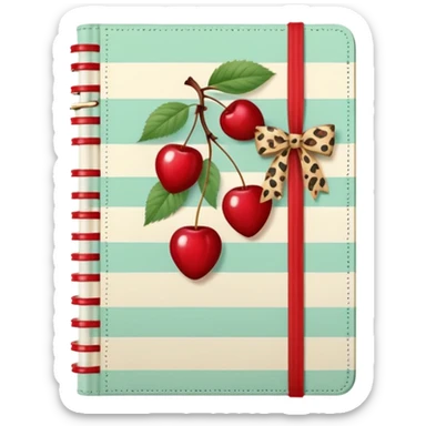 Cute vintage notebook cover, mint and cream vertical stripes, red spine
Hand-drawn cherries with leopard bow, playful feminine aesthetic
Flat illustration, clean composition, soft retro color palette sticker