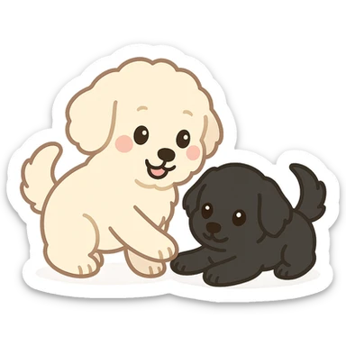 large light cream colored goldendoodle and small black golden retriever, chibi style, playing together sticker