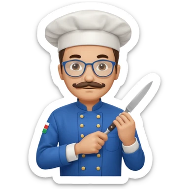 italian chef, blue uniform, with mustace, wearing glasses, holding knife sticker