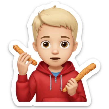 ute funny Spanish cartoon boy named Peque Tito, red hoodie, denim shorts, big expressive eyes, holding a churro, Pixar-style, viral character.” sticker