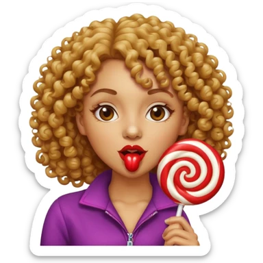 Light skin women with curly hair licking a lollipop sticker