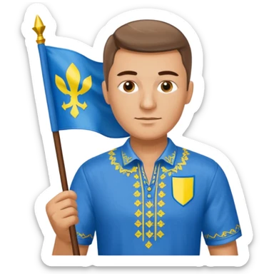 photorealistic Ukrainian man with the flag of Ukraine sticker