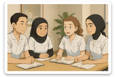 Four nursing students inspired by the photos, in Ghibli style, interacting around a table, wearing short-sleeved white uniforms with V-neck medical tunics, left chest pocket, no collar stand, no stethoscopes, bare forearms, long hair tied back for those who have it. Modern and minimalist indoor decor. sticker