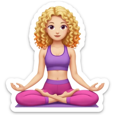 Blonde curly long hair lady doing yoga with pink, purple and orange clothes  sticker