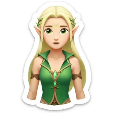 elf female legolas wading in shallow tide pool, palm emitting soft green light to heal glowing coral, practical open vest over bare chest, determined gaze, pointy ears, vibrant underwater plants, centered emoji, nature guardian summer sticker