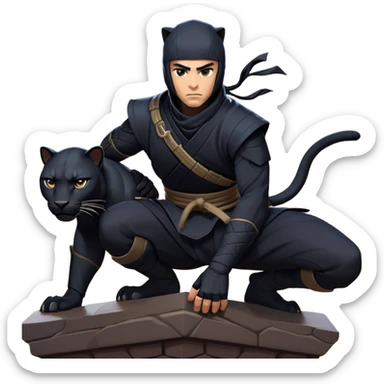 clash-of-clans-aesthetic_-cinematic-mysterious-male-ninja-portrait-emoji, rendered in a flat, vector-style with minimal shading and bold, simplified shapes, with a head slightly turned revealing intense, focused eyes, perched atop a sleek, agile panther with glossy fur moving silently through shadowed urban rooftops and moonlit alleyways. sticker