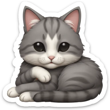 dark grey and white small cat with his eyes closed, leaning his head on his paw while leaning on his elbow lying down sticker