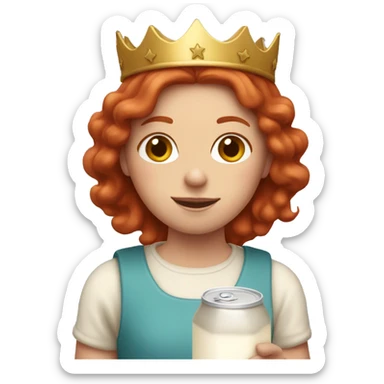 Red straight haired girl holding a milk carton wearing a crown sticker