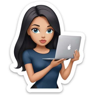 Glamours, tanned, very beautiful girl, with big pump peach-beige-rose lips, black straight smooth silky long hair, straight parting, blue-grey eyes, in short sleeves black bodysuit holding MacBook sticker