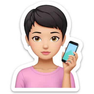 tan girl pink shirt with black hair & a pixie cut no earrings doing cute pastel colors skin care sticker