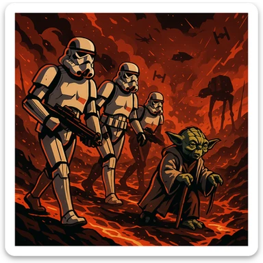 vector art of a Starwars stormtroopers is walking on lava planet with yoda, battleground background 
 sticker