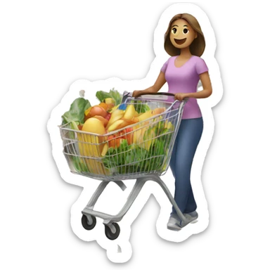 a woman with a wheelbarrow full of groceries is shopping in a supermarket sticker